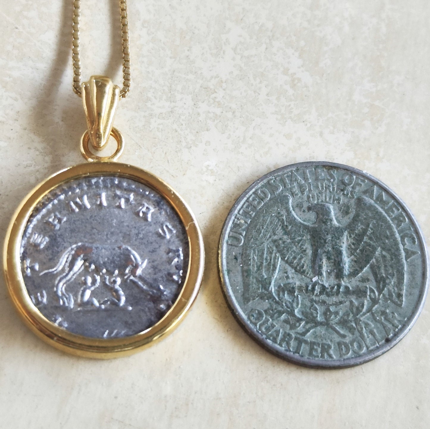 Antique Roman Romulus & Remus with She Wolf Coin Necklace, Ancient  Emperor Gallienus coin Pendant , Vintage Gold Plated Medallion Jewelry