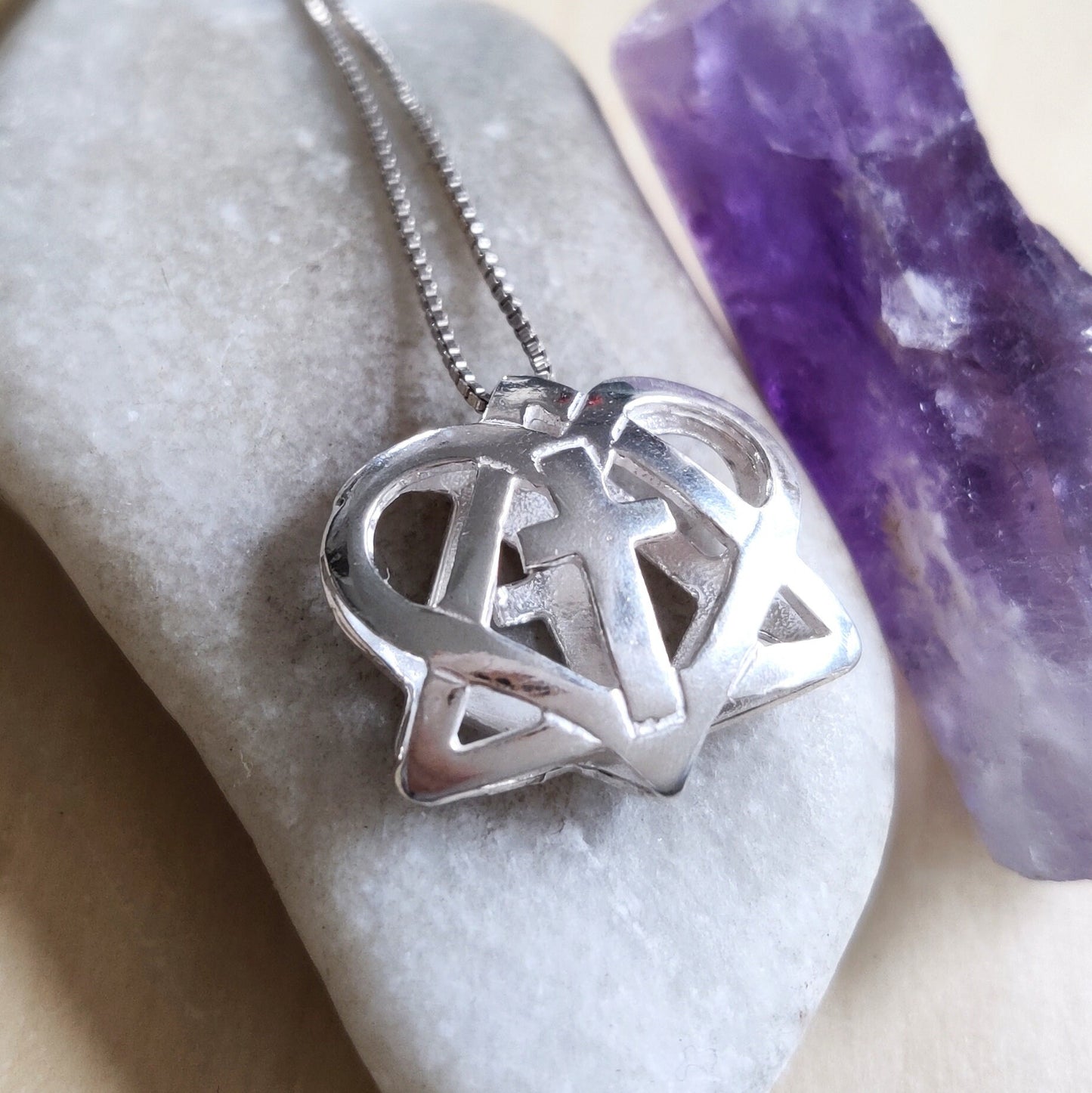 Silver messianic necklace, Star of David and Cross pendant, 3D jewelry, Heart jewelry, jewish christian messianic interfaith necklace