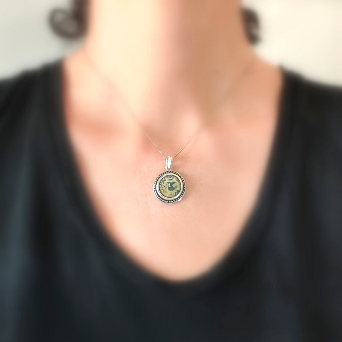 Antique Jewish Revolt Masada Coin Silver Necklace, Ancient Jerusalem Second Temple Bronze Prutah Pendant, Roman Amphora Grape Vine Medallion