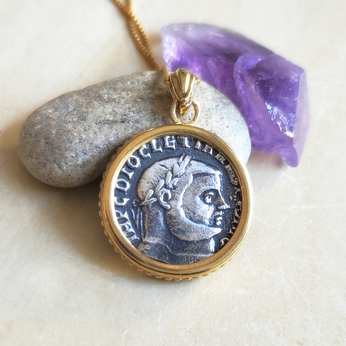 Roman Emperor Diocletian Coin Necklace: Replica Coin Pendant in Silver and Gold Barr Designs