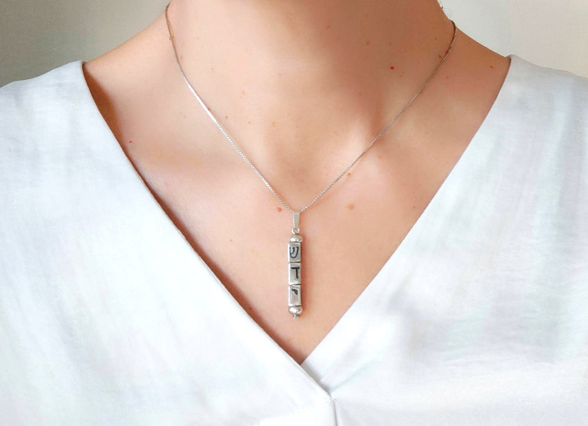 Sterling Silver Mezuzah Necklace: Kinetic Judaica Hebrew Pendant, Seven Species, Israeli Jewelry Barr Designs