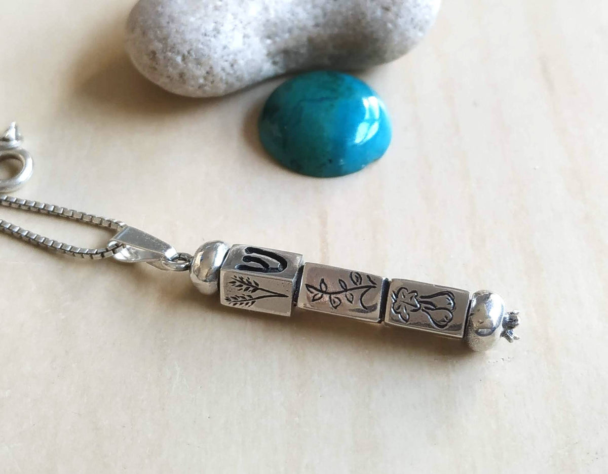 Sterling Silver Mezuzah Necklace: Kinetic Judaica Hebrew Pendant, Seven Species, Israeli Jewelry Barr Designs